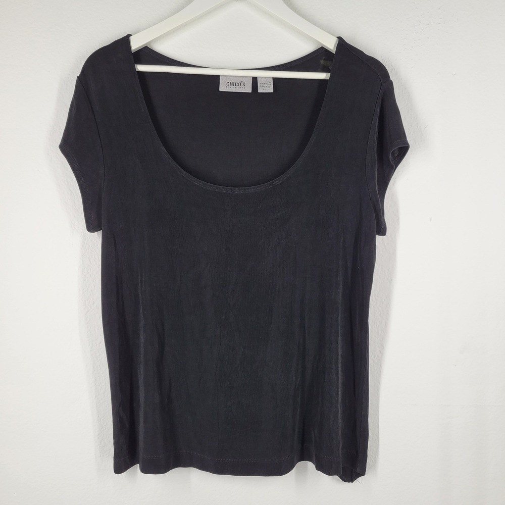 Chicos Travelers Black Scoop Neck Short Sleeve Basic Ribbed T Shirt Top Size 2